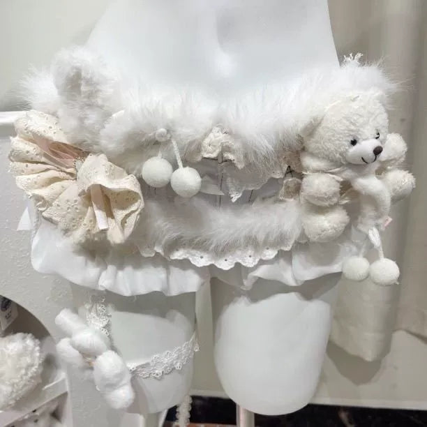 White Lace Cami Set with Faux Fur Trim