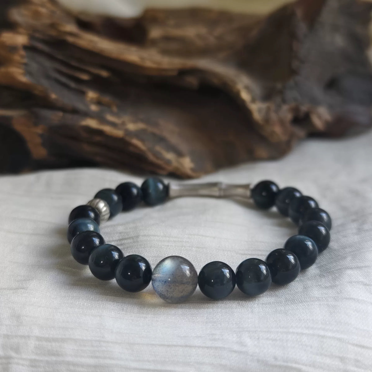 Blue Tiger Eye Gray Moonstone Silver Bracelet