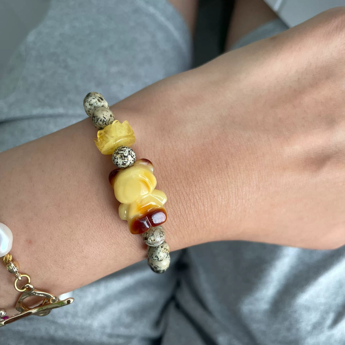 Natural Honey Amber Bear Charm Beaded Bracelet