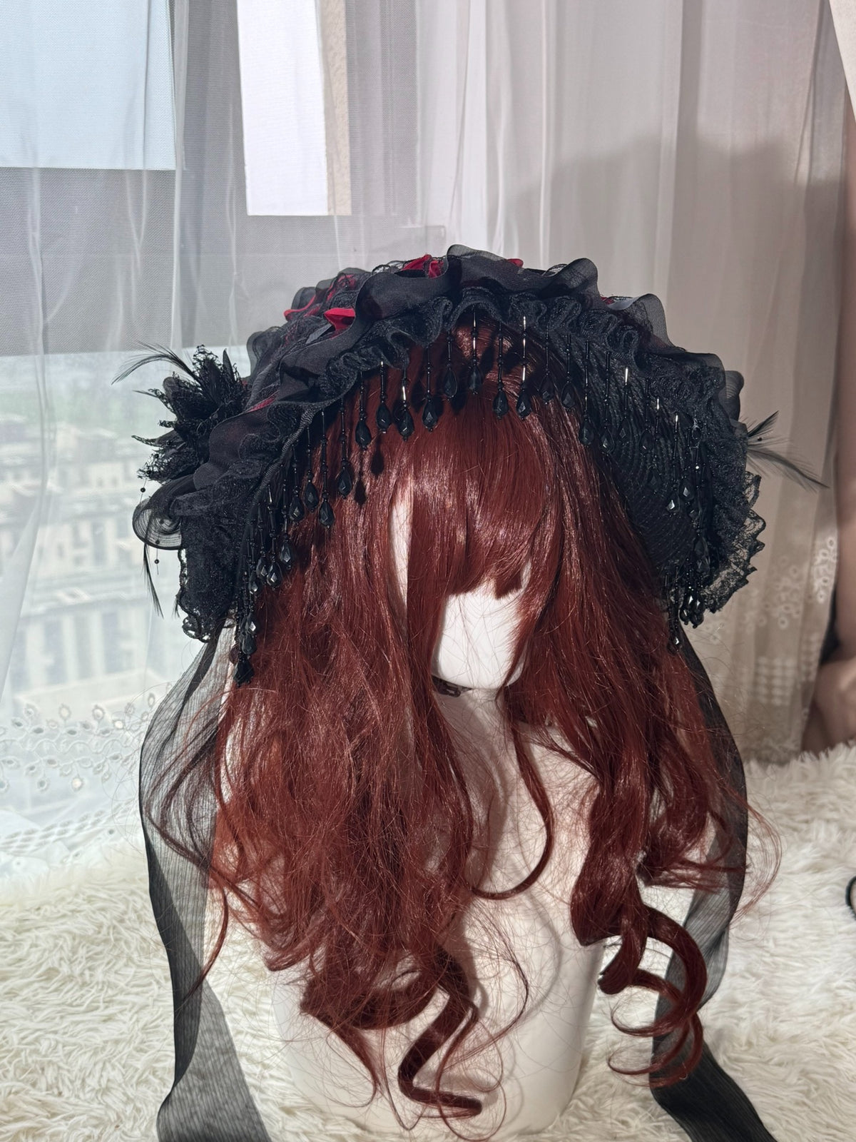 Handcrafted Lolita Flat Hat with Beaded Fringe