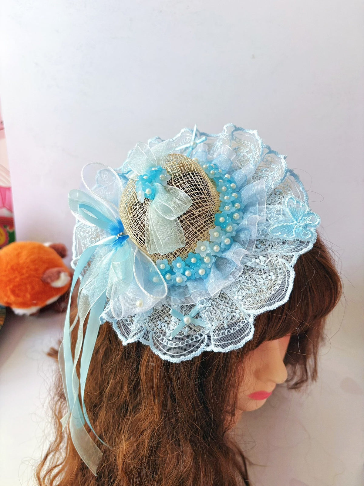 Blauwe Lolita Stroen Kant Fascinator Hoed