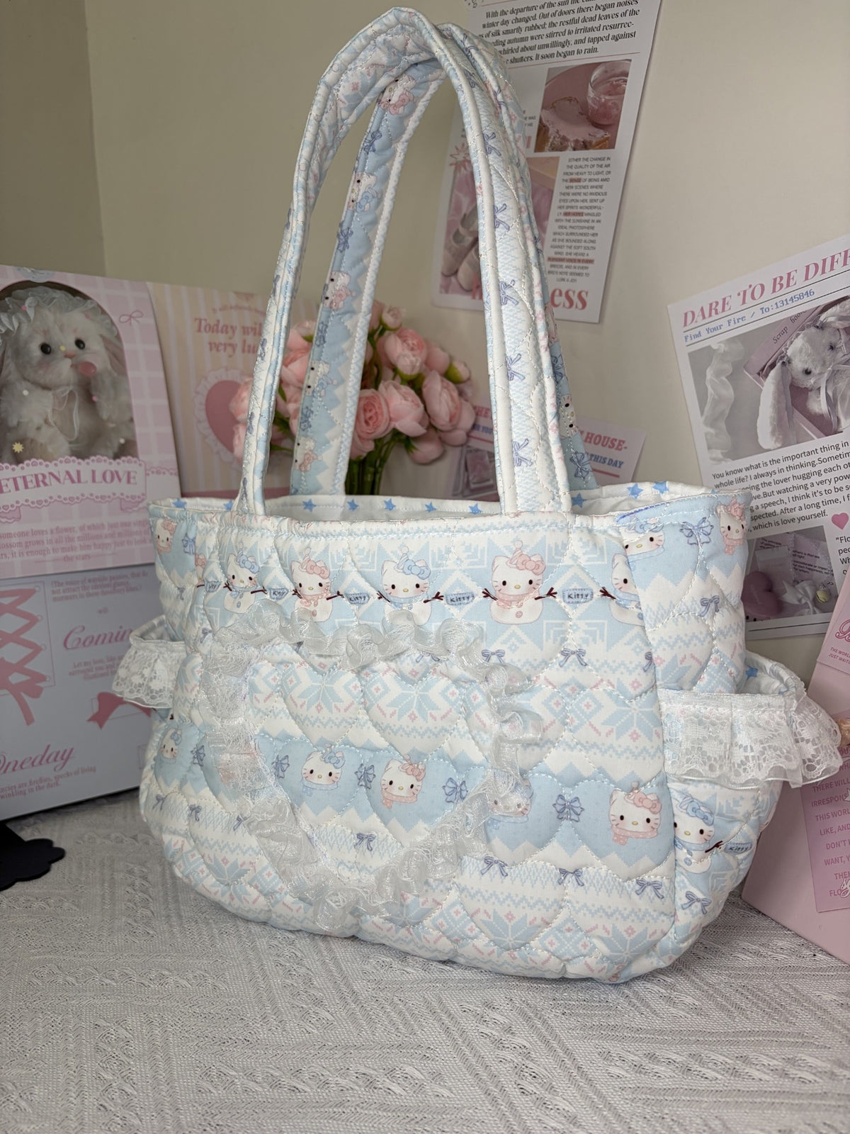 Quilted Cotton Tote Bag with Snowman Print