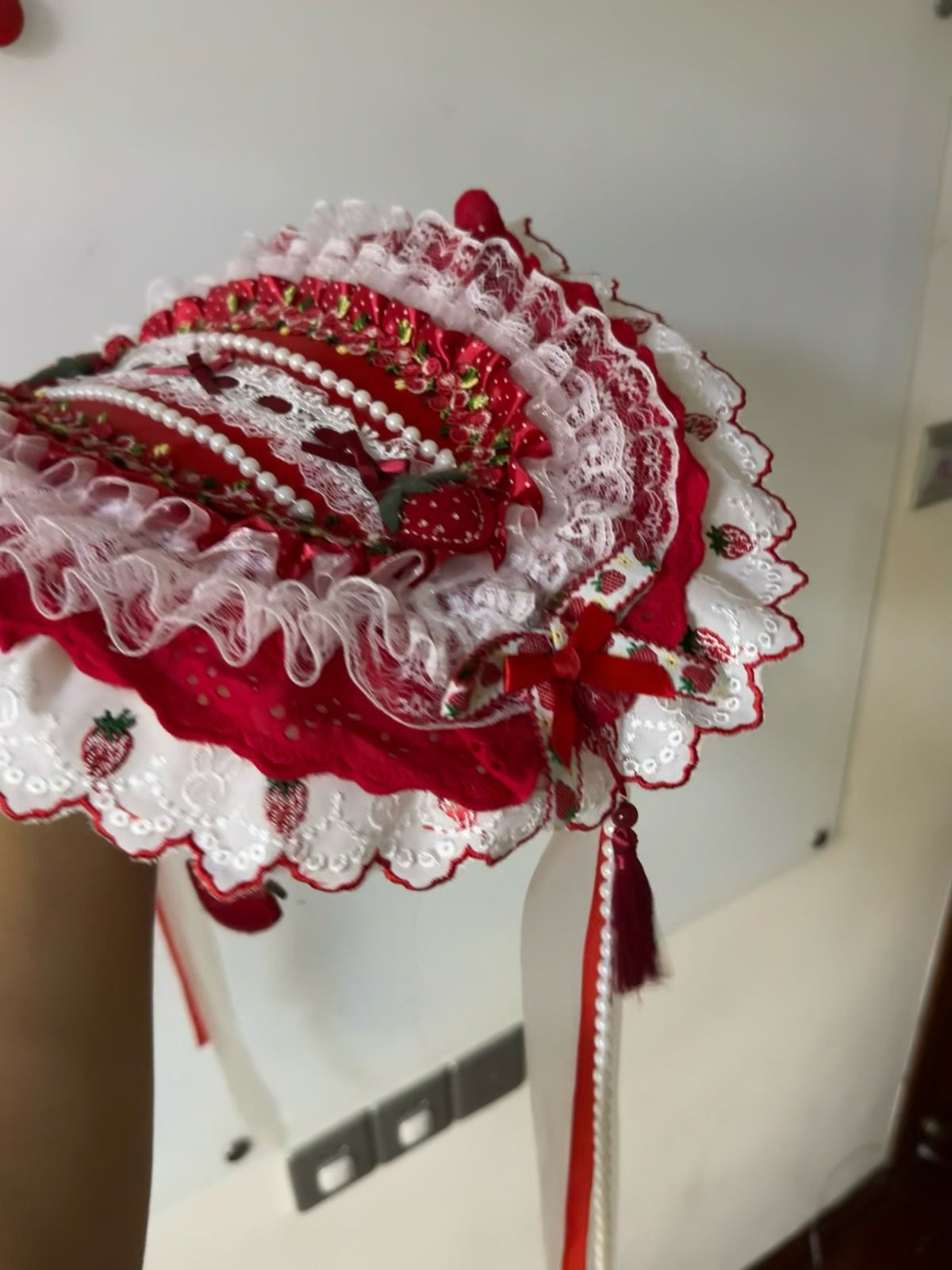 Strawberry Bonnet Lolita Red White Lace