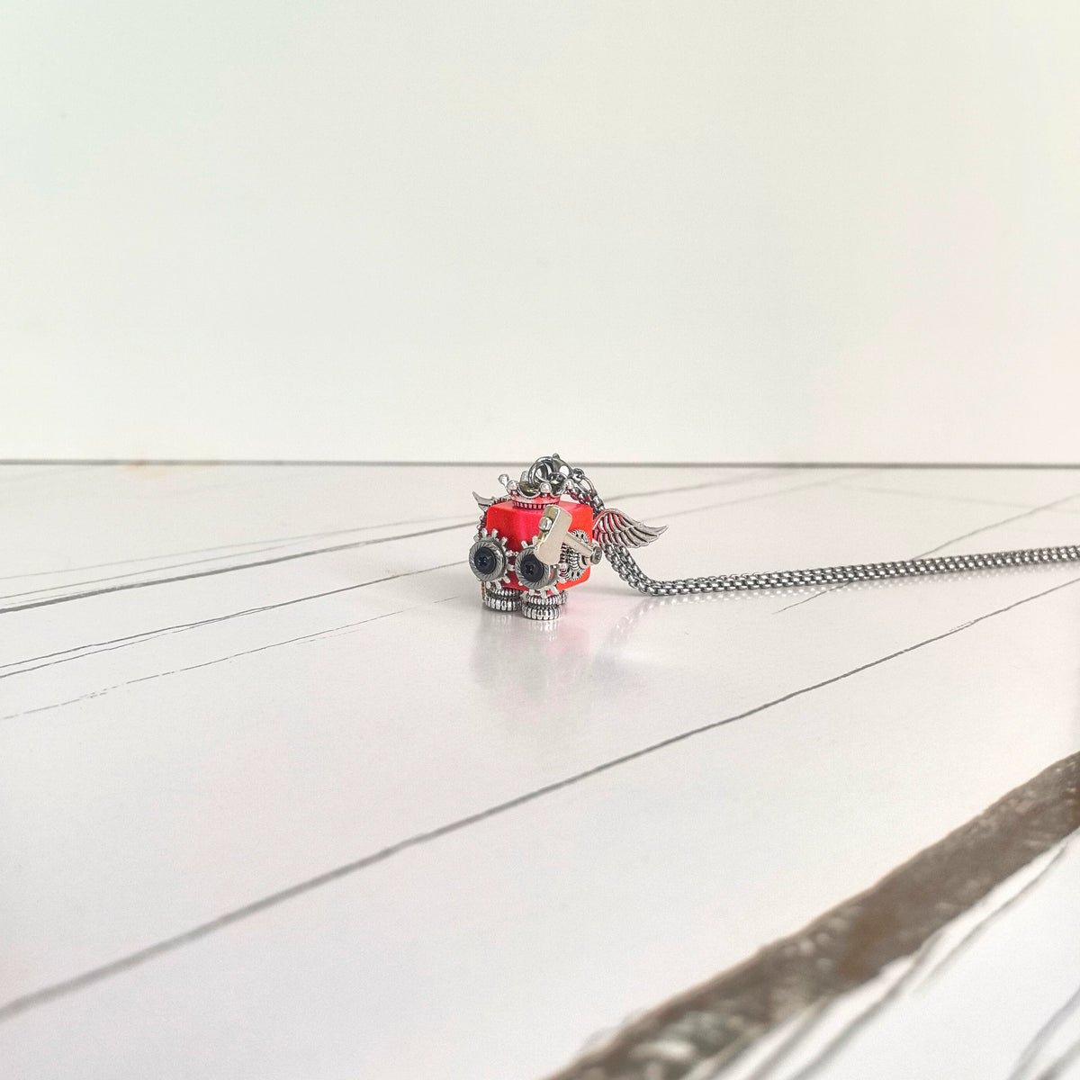 Handcrafted Steampunk Robot Pendant Red Cube