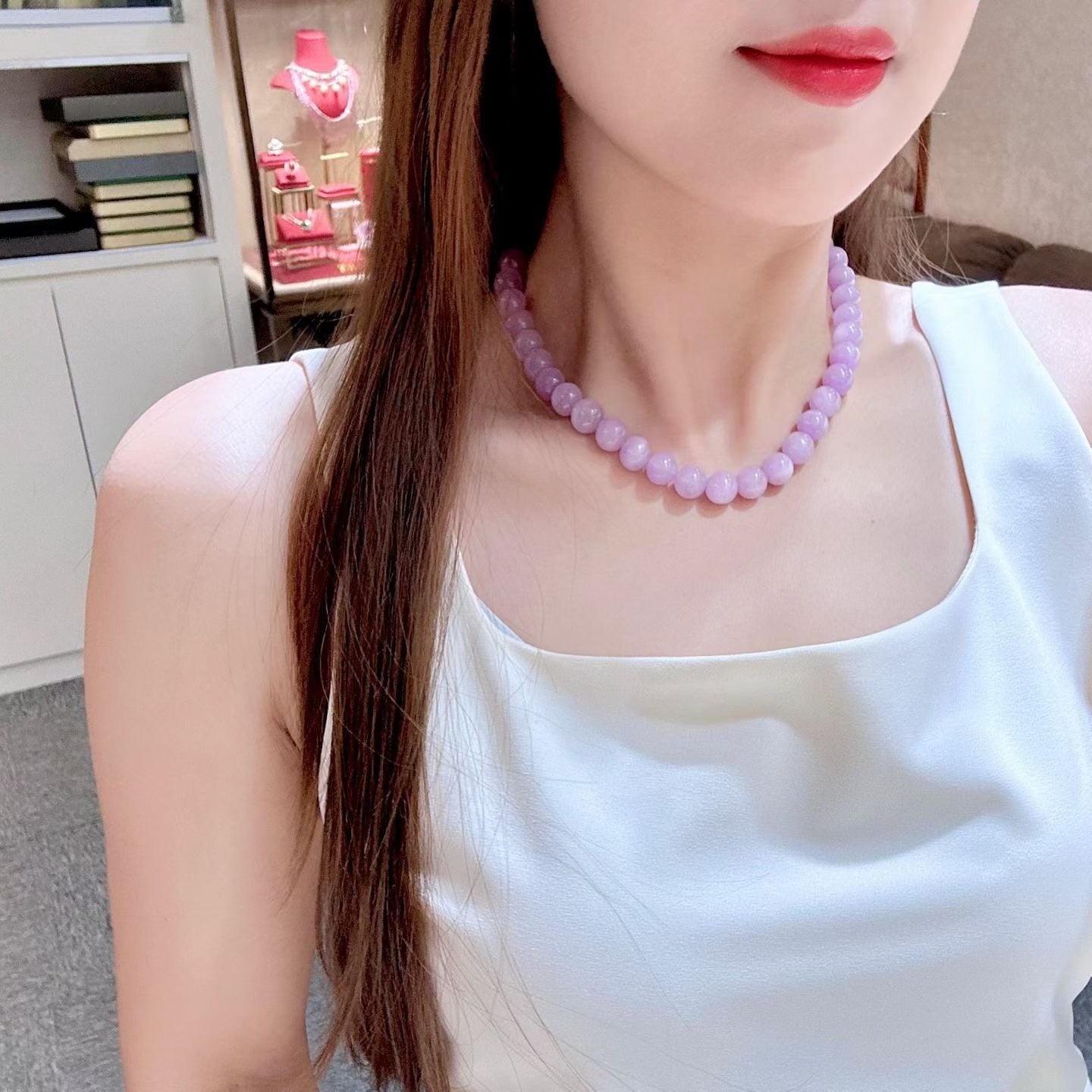 Purple Kunzite Beaded Necklace, 10.2-11mm Spherical Beads, Silver Clasp