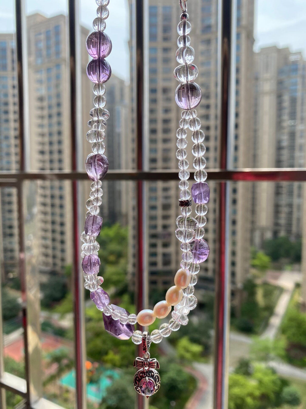 Clear Quartz Amethyst Pearl Layered Necklace