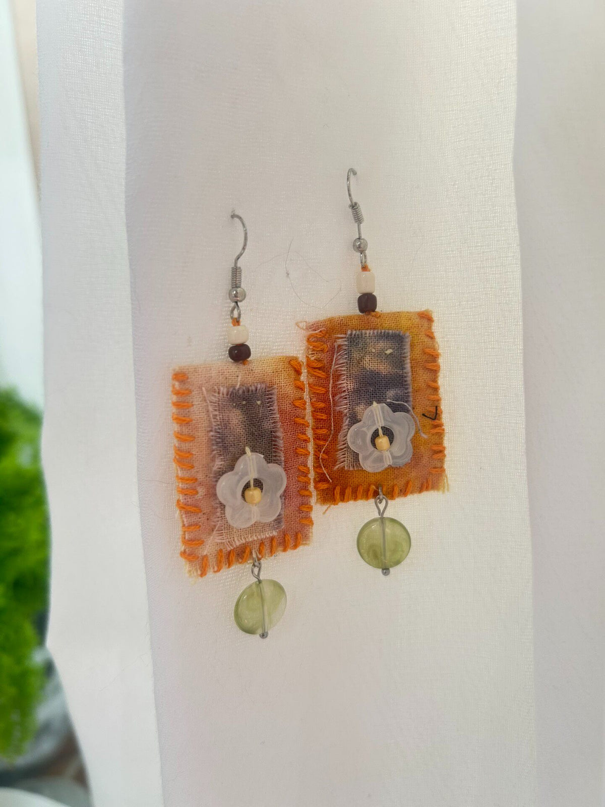 Handmade Fabric Earrings with Frayed Orange Textile