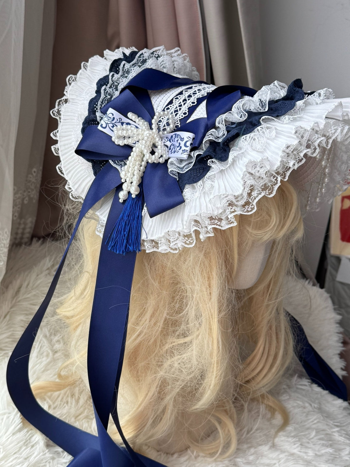 Navy Pearl Lace Lolita Bonnet Hat Base