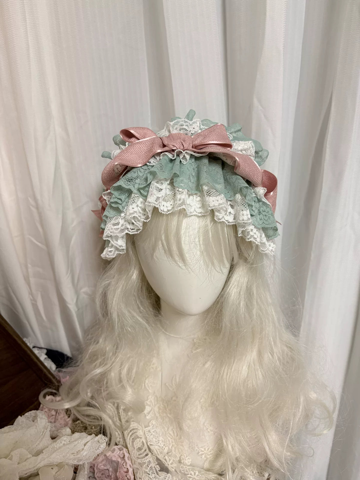 White and Mint Lace Ruffled Bonnet