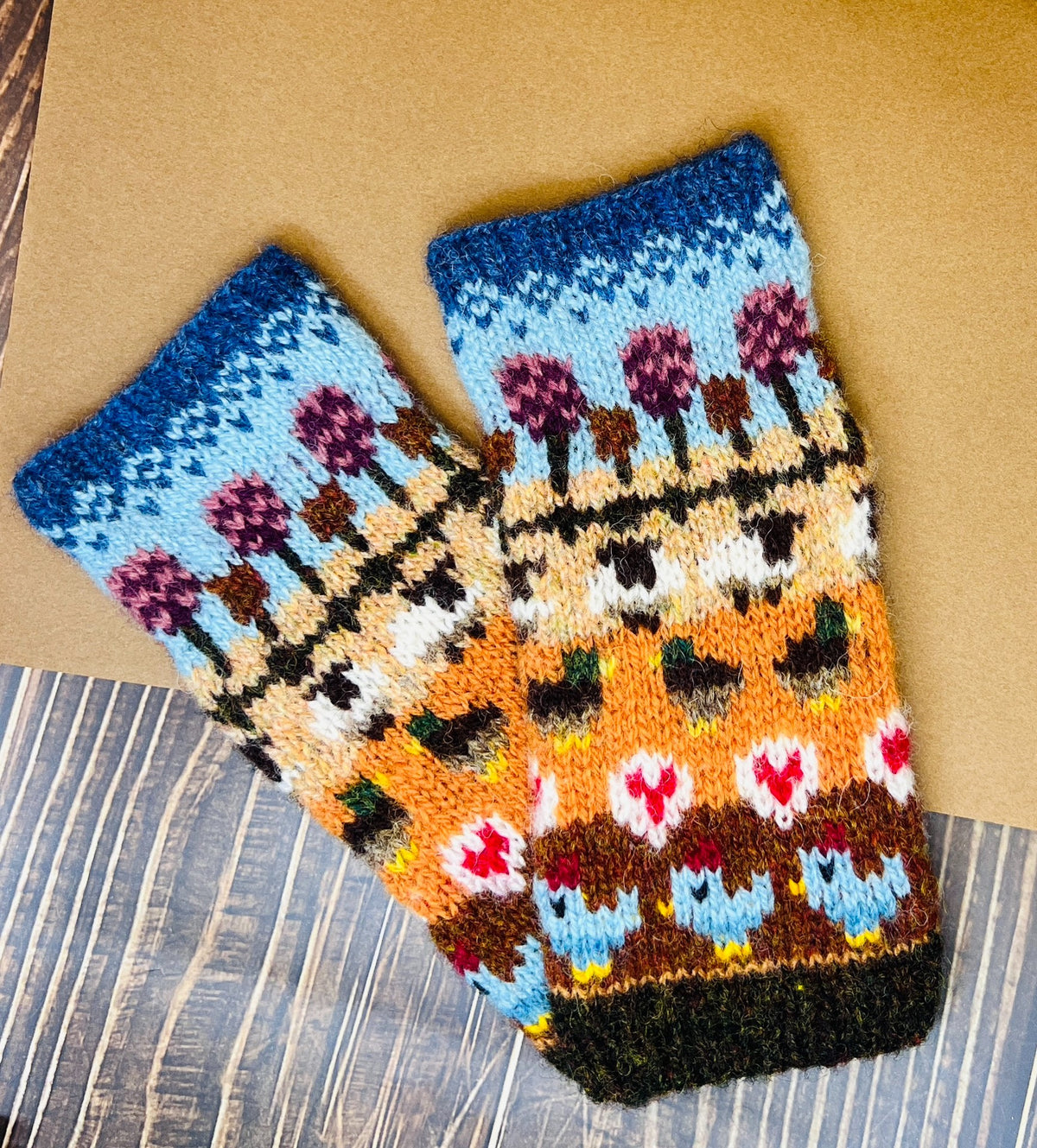 Shetland Wool Fingerless Gloves with Landscape Patterns