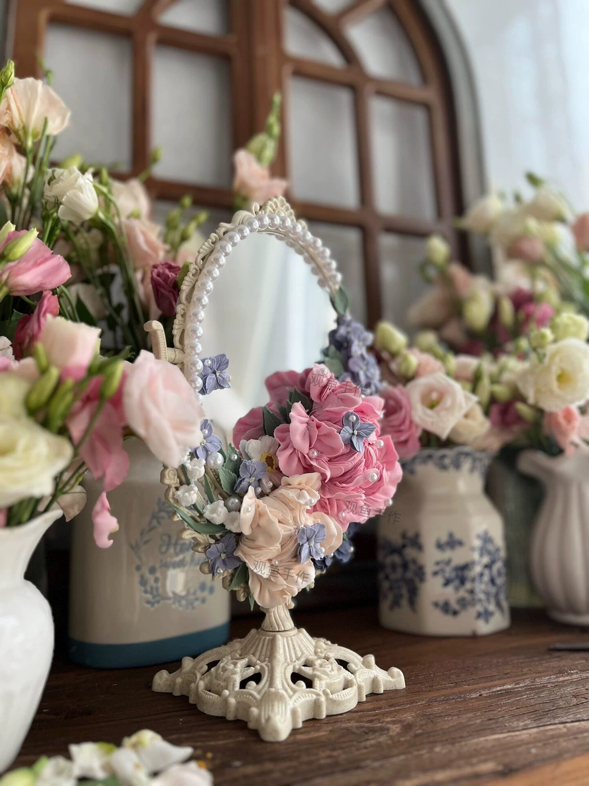 Clay Flower Decorated Oval Mirror