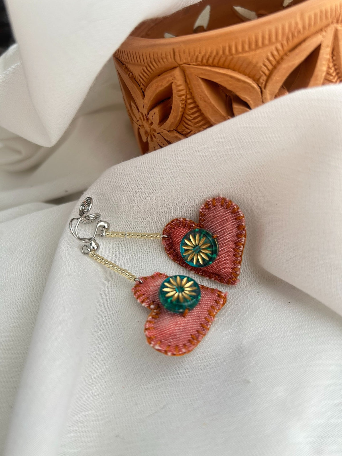 Dusty Rose Fabric Heart Earrings