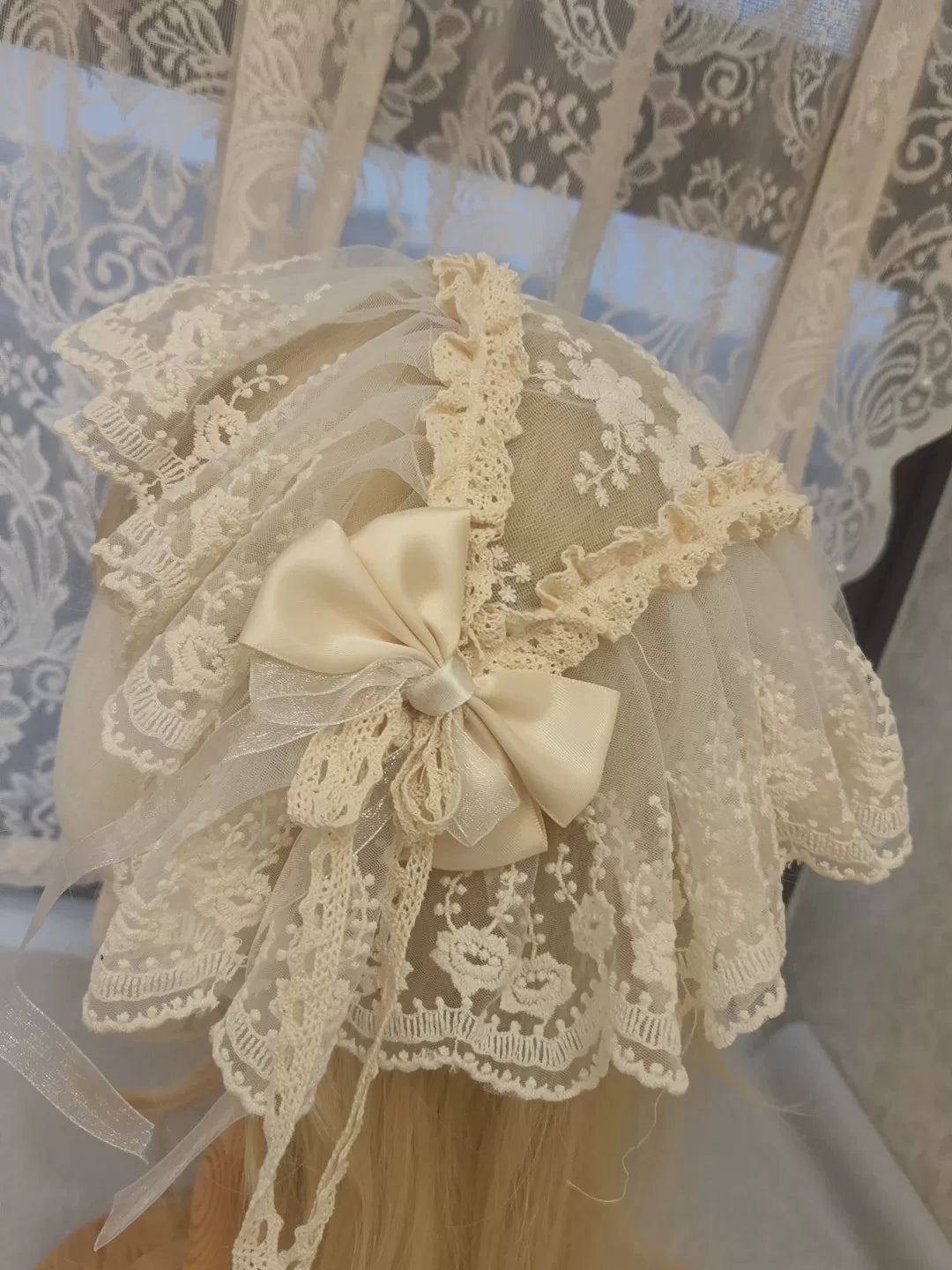 Apricot Lace Bow Headpiece with Floral Trim
