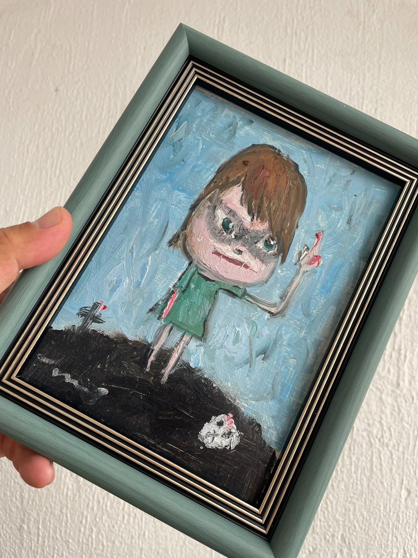Framed Hand-Painted Oil Portrait of Child with Dark Eye Shadows