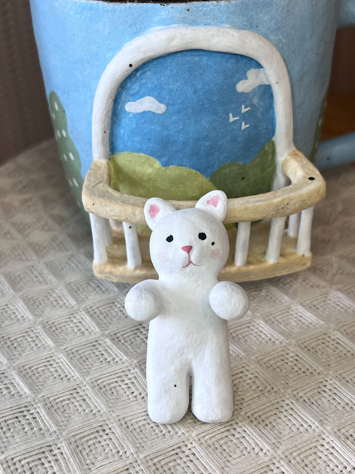 Handmade Ceramic Cat Mug with Balcony Figurine