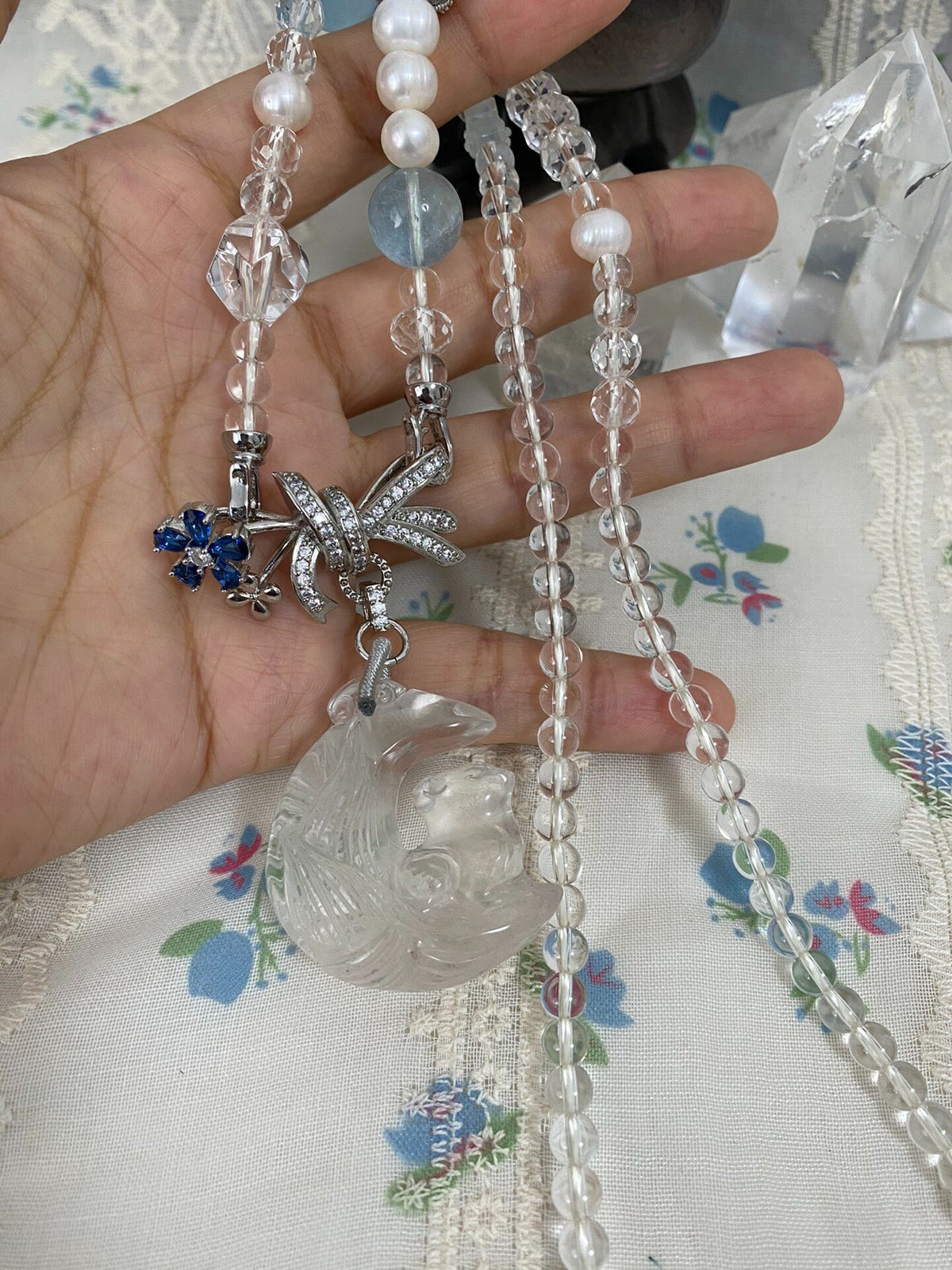 White Crystal Fox Necklace Pendant
