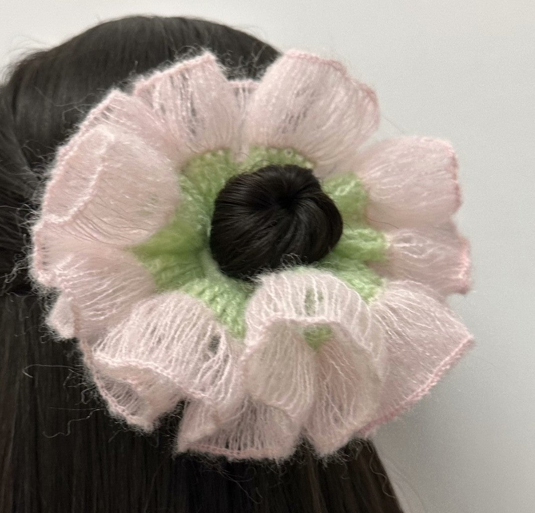 Scrunchie de Cabelo em Croché com Flor Feito à Mão Rosa e Verde