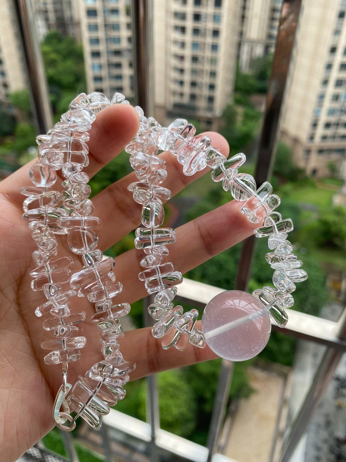 White Crystal Necklace Long Beads