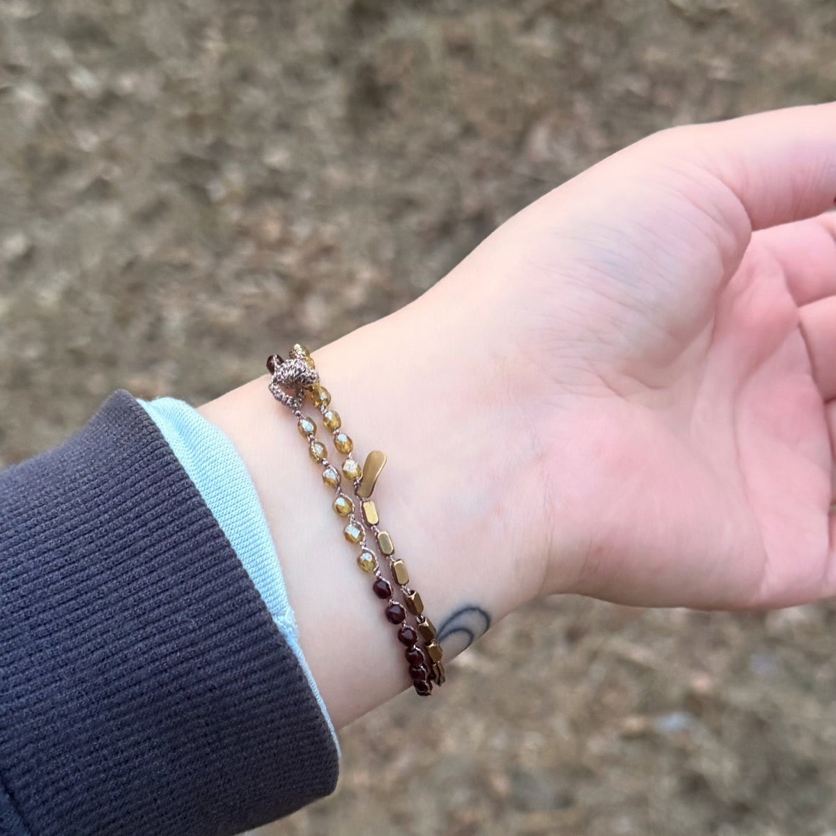 Double Wrap Beaded Bracelet Burgundy Mustard