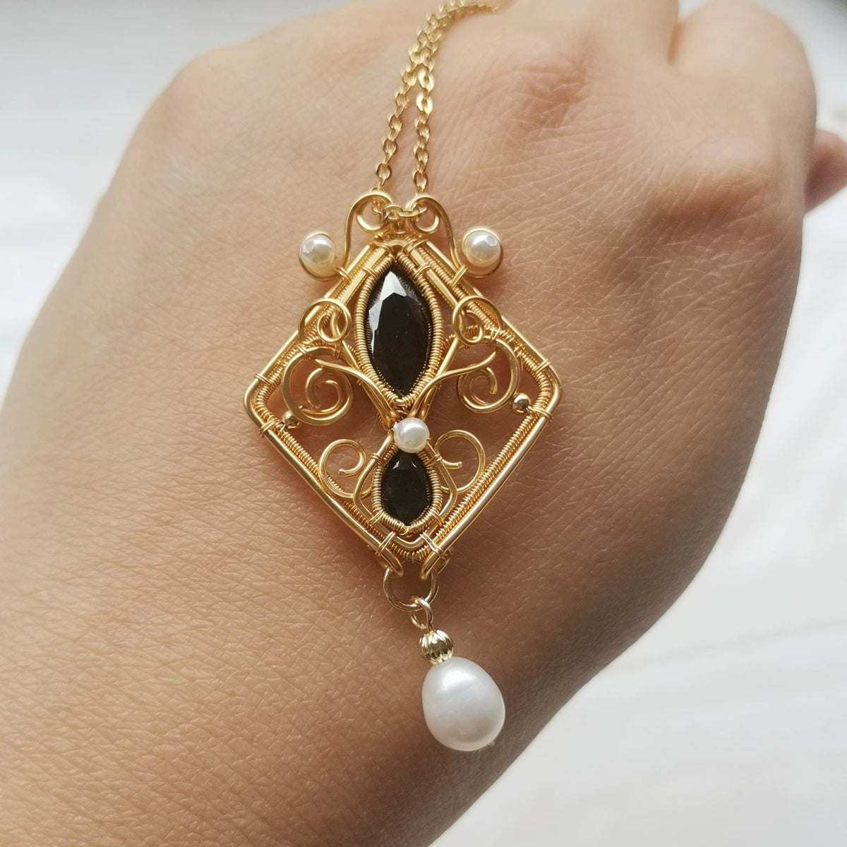 Wire Wrapped Black Zircon Pearl Pendant