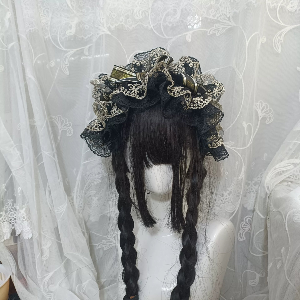 Black Lace Ruffled Bonnet Headpiece
