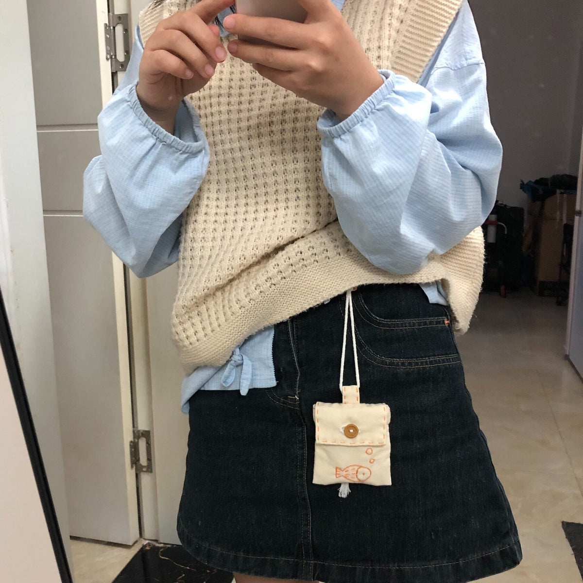 Handmade Cotton Fish Pouch with Wooden Button