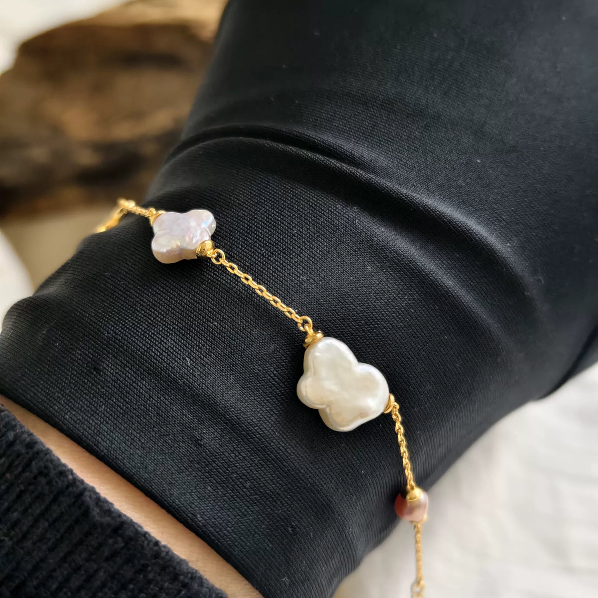 Gold Tone Sterling Silver Pearl Clover Bracelet