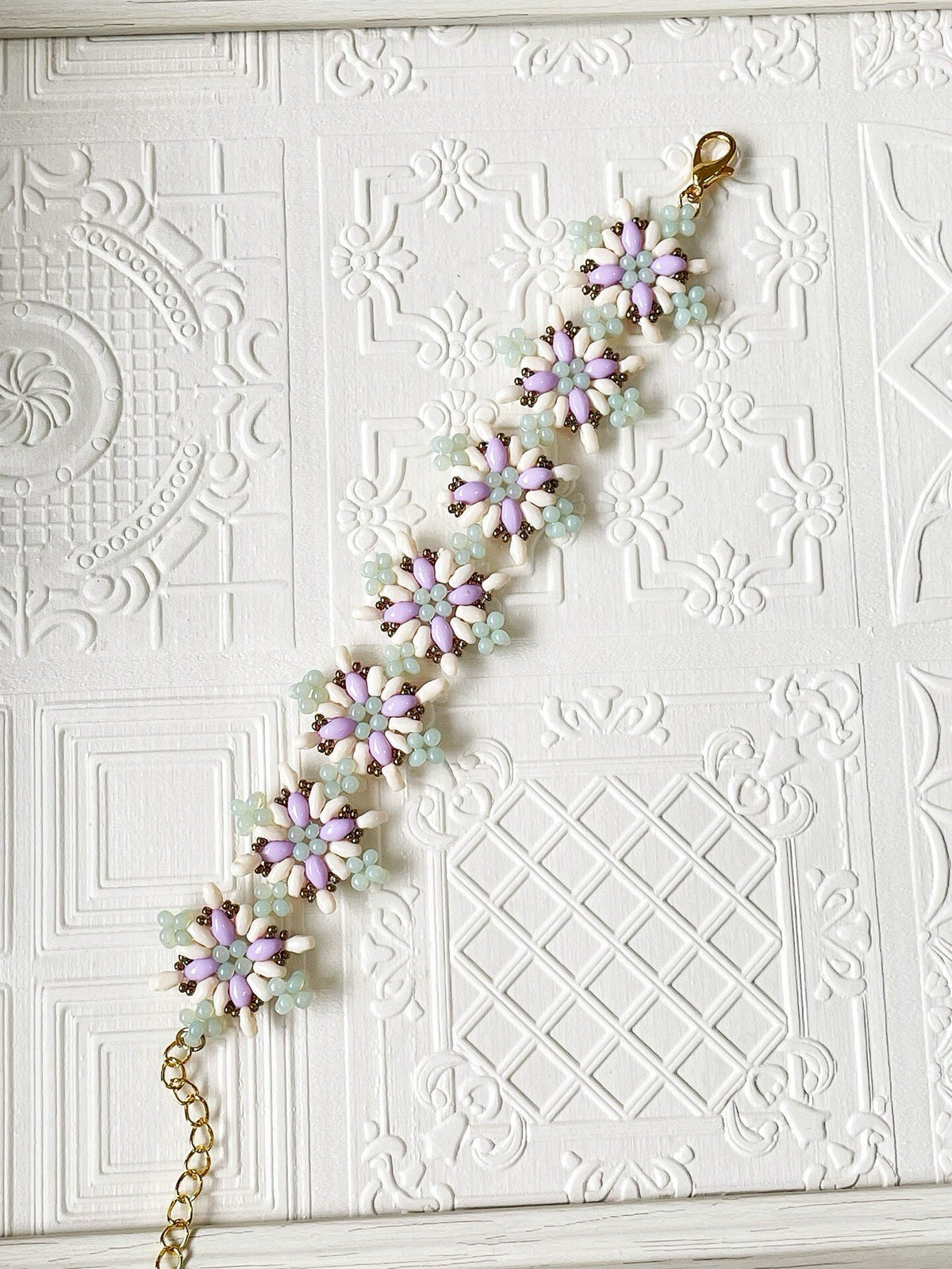 Handmade Beaded Bracelet Purple Floral Design