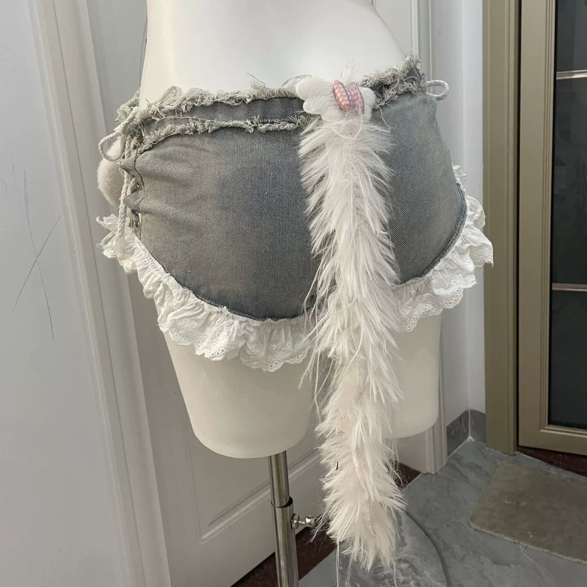 White Lace Camisole and Denim Shorts Set