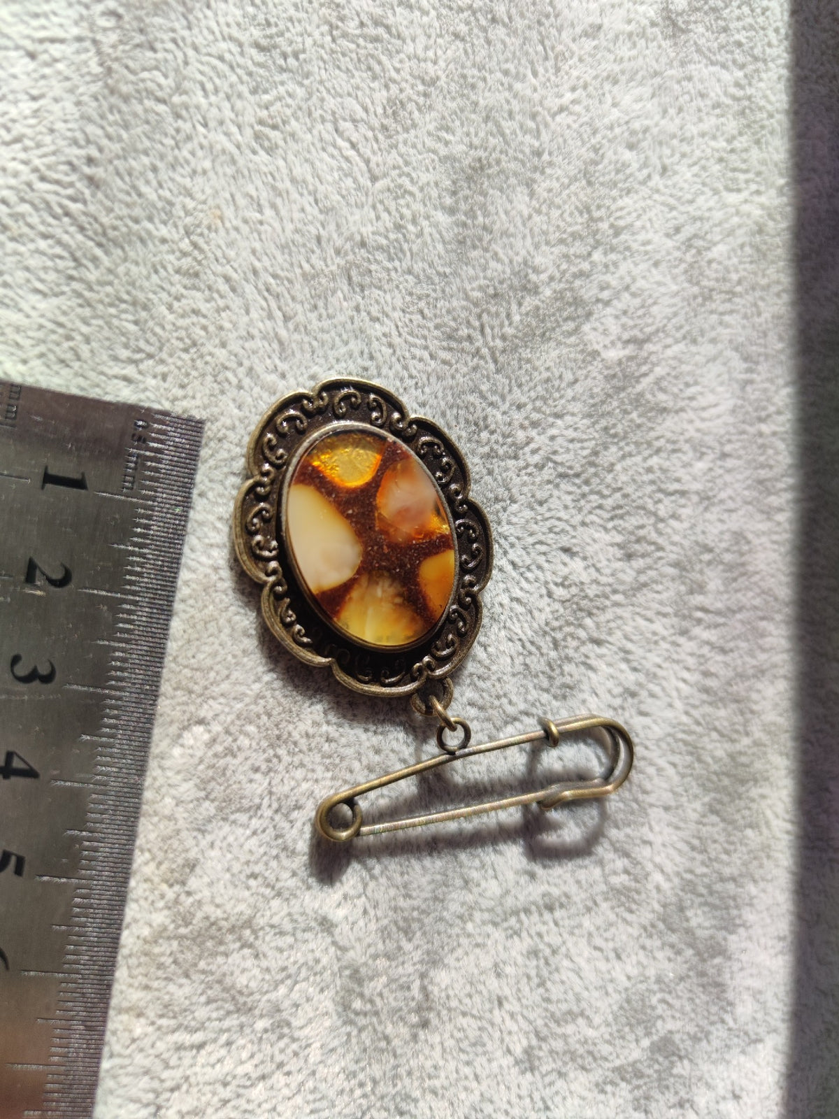 Amber Beeswax Mosaic Brooch Antique Copper