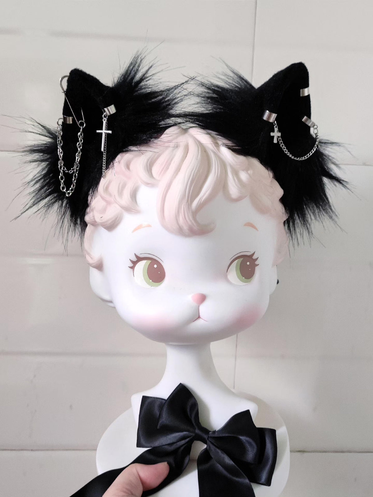 シルバーチェーン付き 黒猫耳カチューシャ