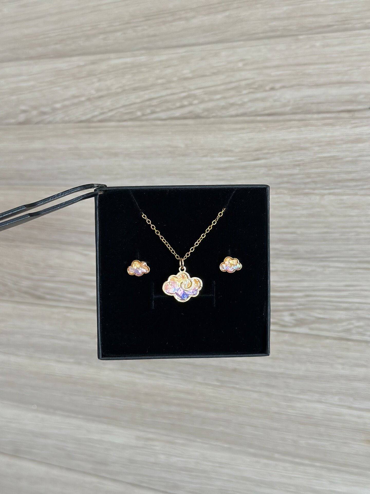 Gold-Plated Copper Cloud Motif Necklace & Earring Set with Iridescent Accents