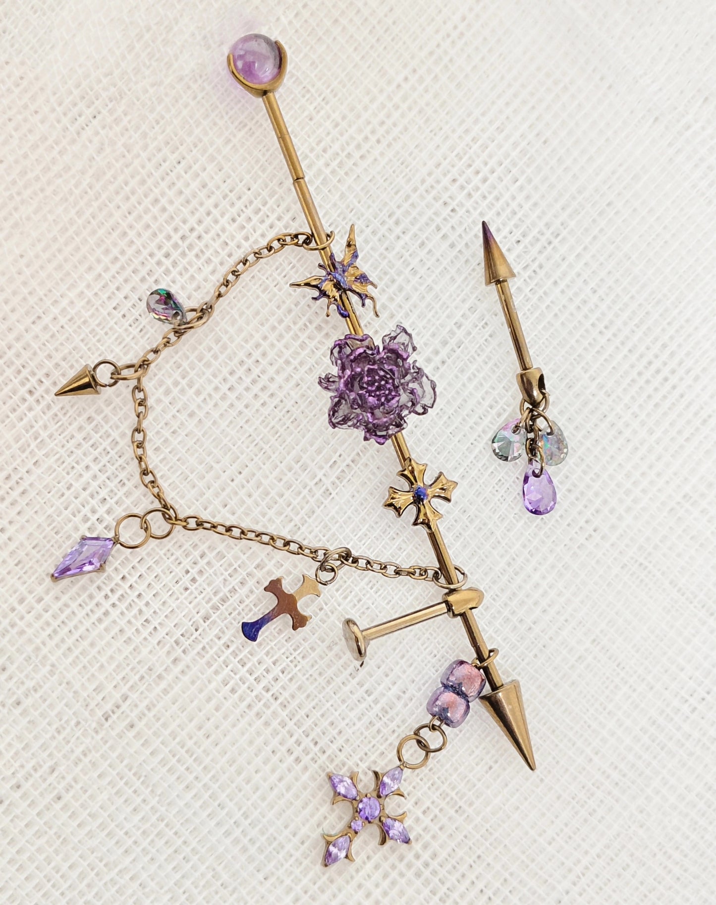 Titanium Alloy Ear Bridge with Purple Gem, Cross & Spike Charms