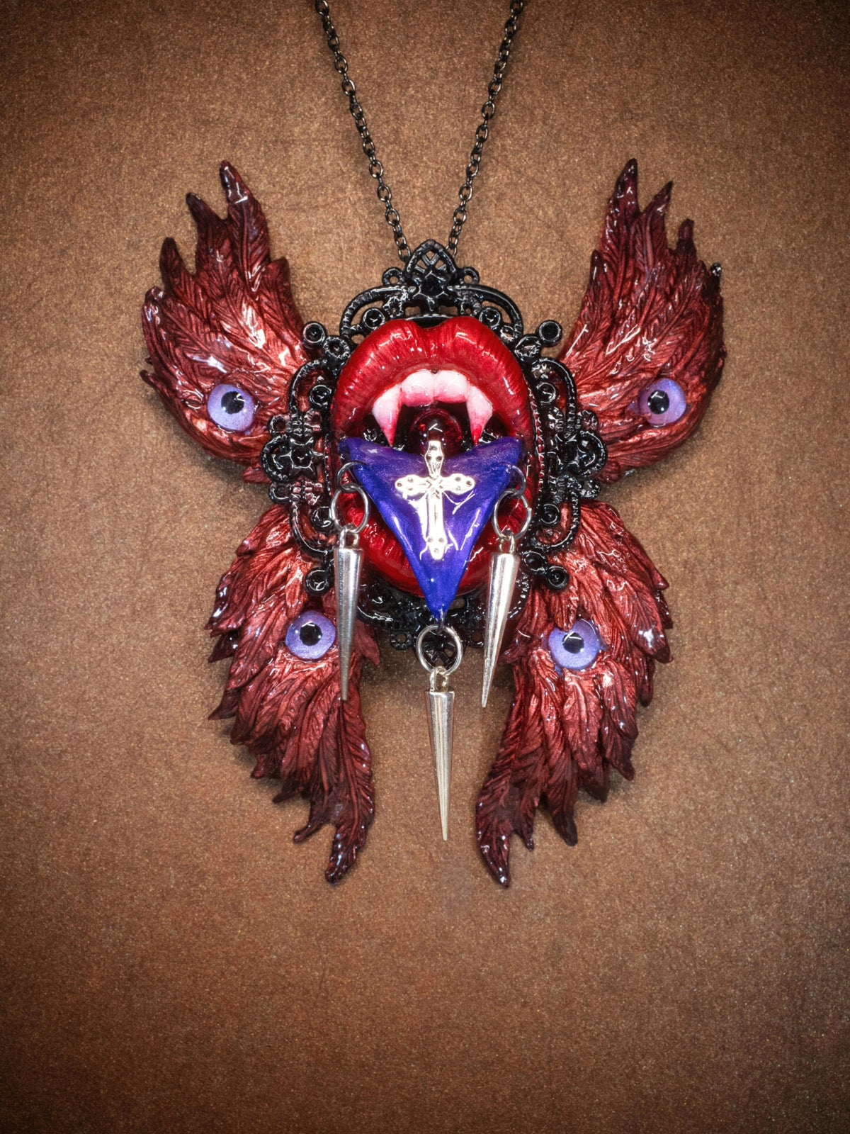 Cthulhu Lips Tongue Cross Wing Pendant Necklace