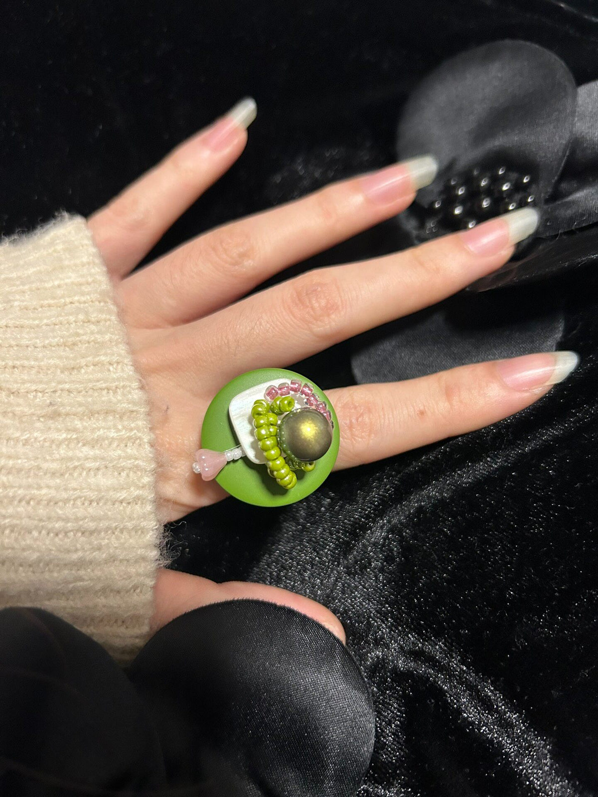 Vintage Green Button Ring with Czech Beads