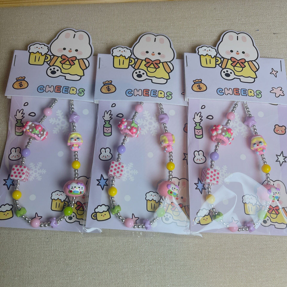 Pastel Beaded Phone Chain with Character Charms