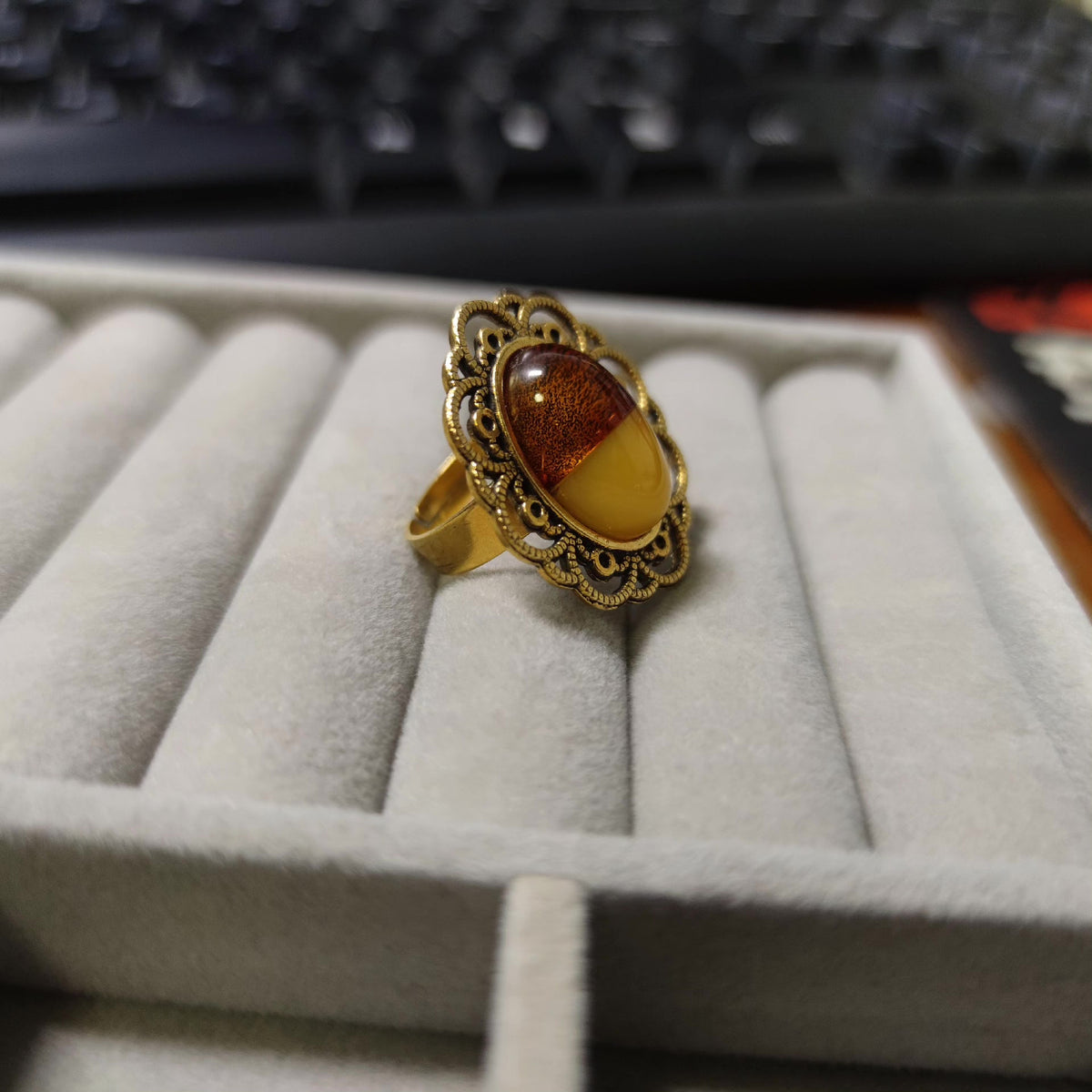 Natural Amber Beeswax Vintage Filigree Ring