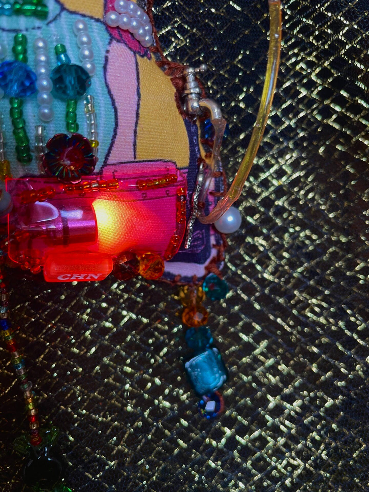 Handcrafted Beaded Bag Charm with Pink Hair Girl