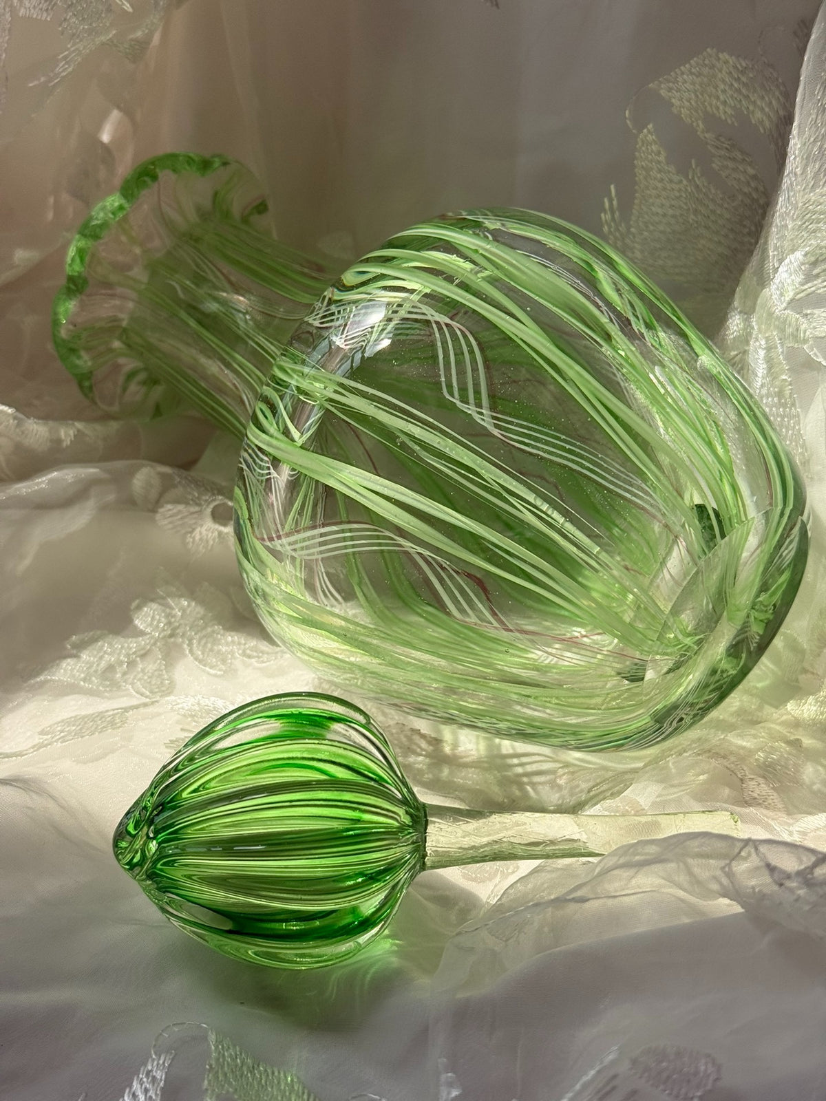 Vintage Green Glass Vase with Lace Stripe Pattern