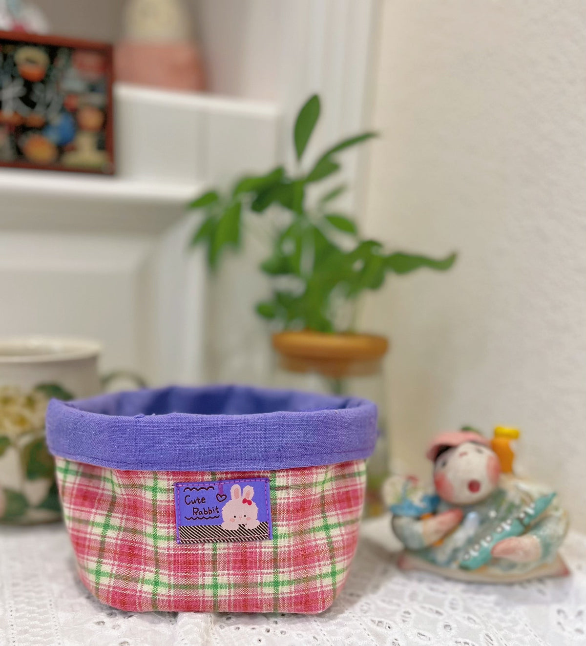 小さなギンガム布製収納ボックス