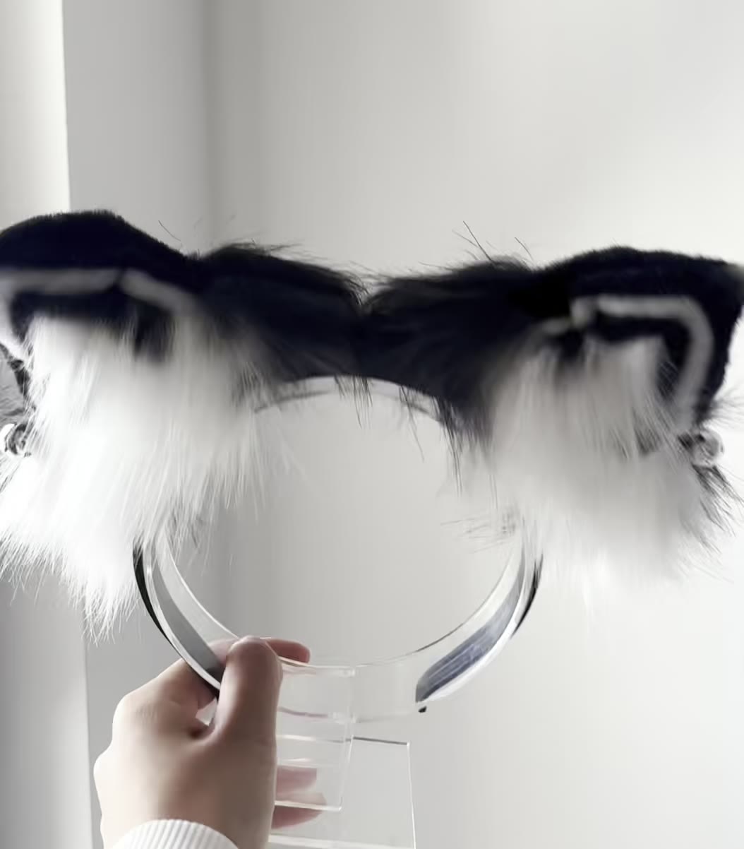 Motorized Black White Cat Ear Headband