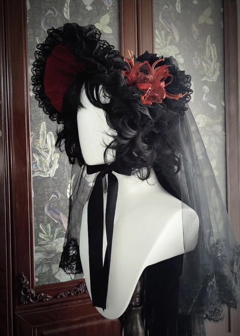 Gothic Lolita Black Red Bonnet Veil Hat