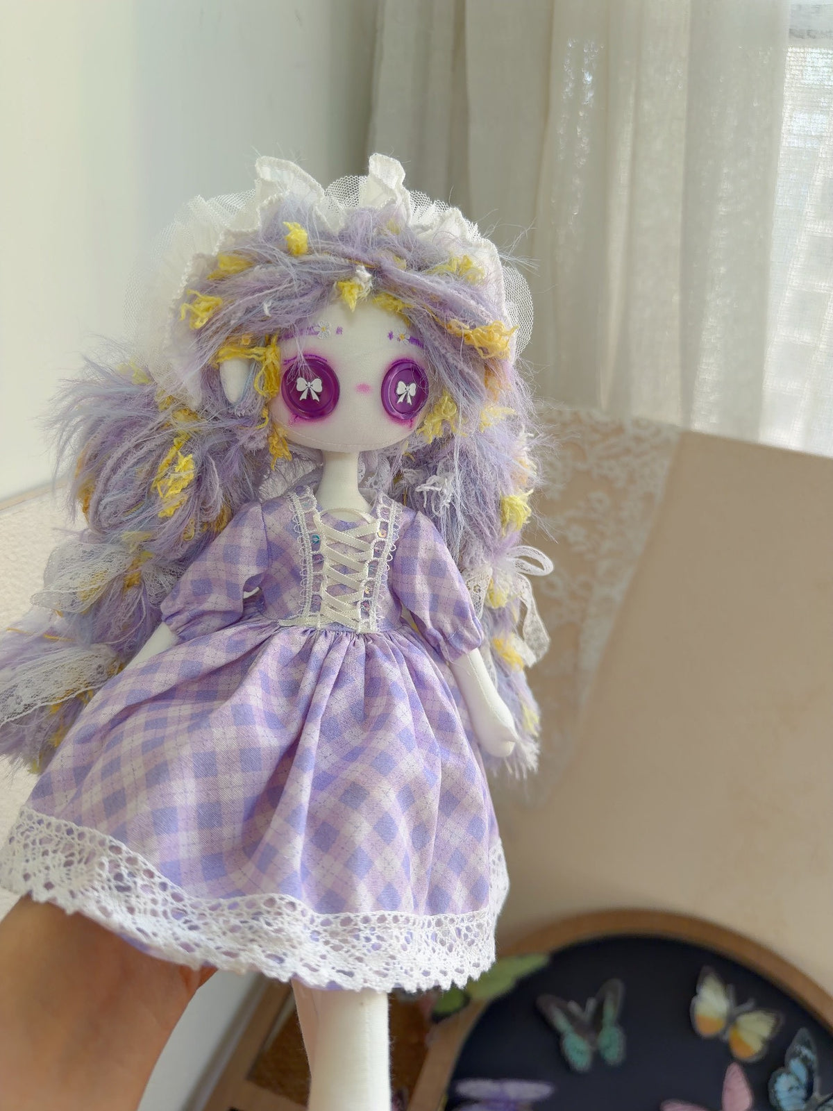 ハンドメイド ラベンダーギンチェック アートドール