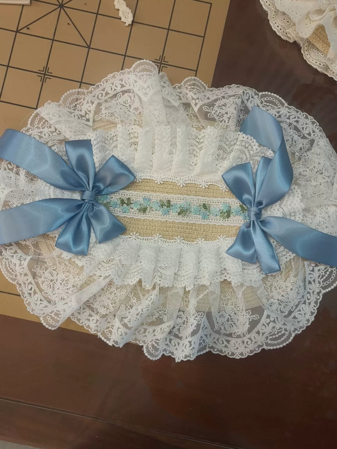 White Lace Lolita Headpiece with Blue Satin Bows