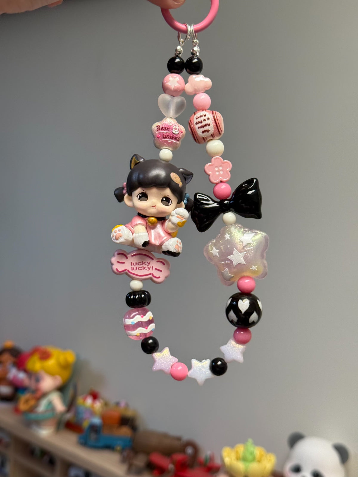 Pink Beaded Charms Phone Strap Bag Keychain