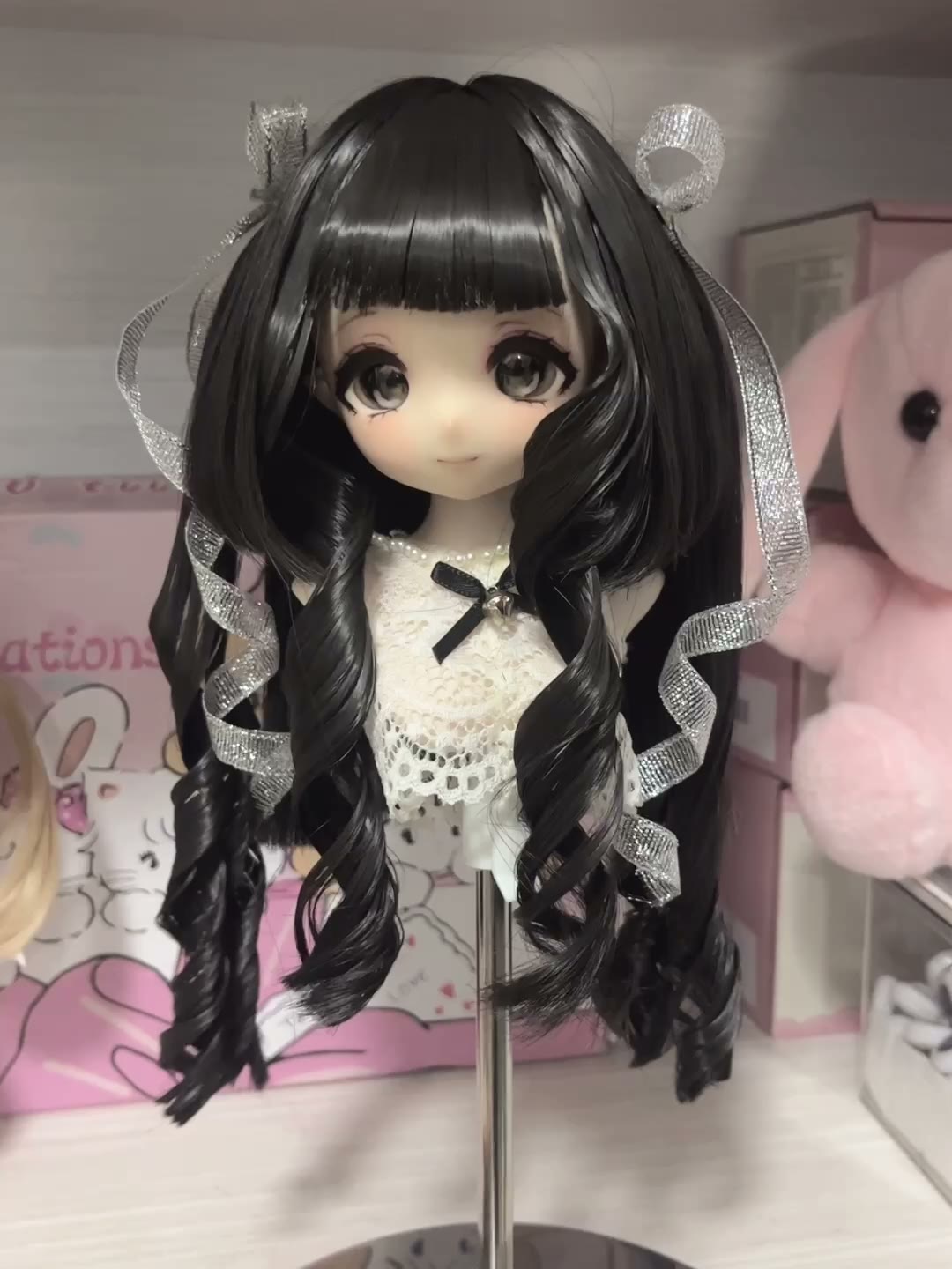 Doll Wig Black Curly Silver Ribbons