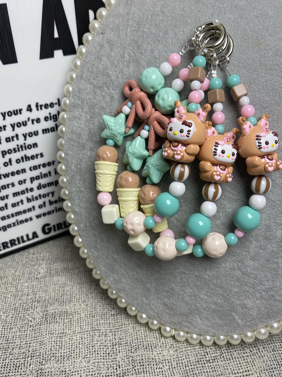 Handmade Kitty Phone Charm with Pastel Beads