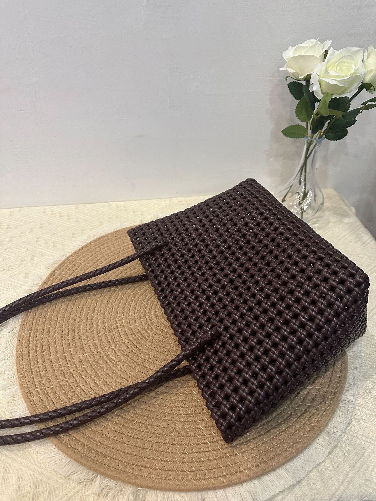 Handwoven Rattan Tote Bag Coffee Brown