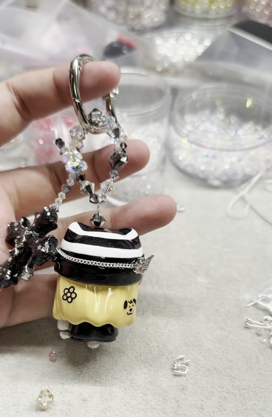 Gothic Cat Figurine Beaded Phone Charm