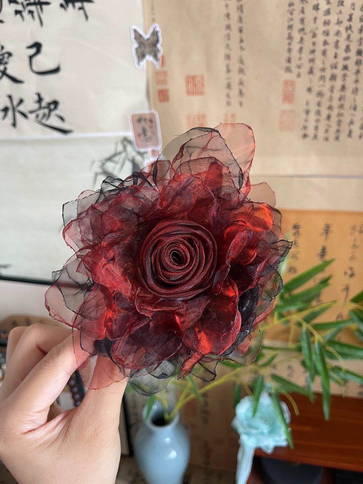 Handcrafted Fabric Rose Claw Clip 13cm